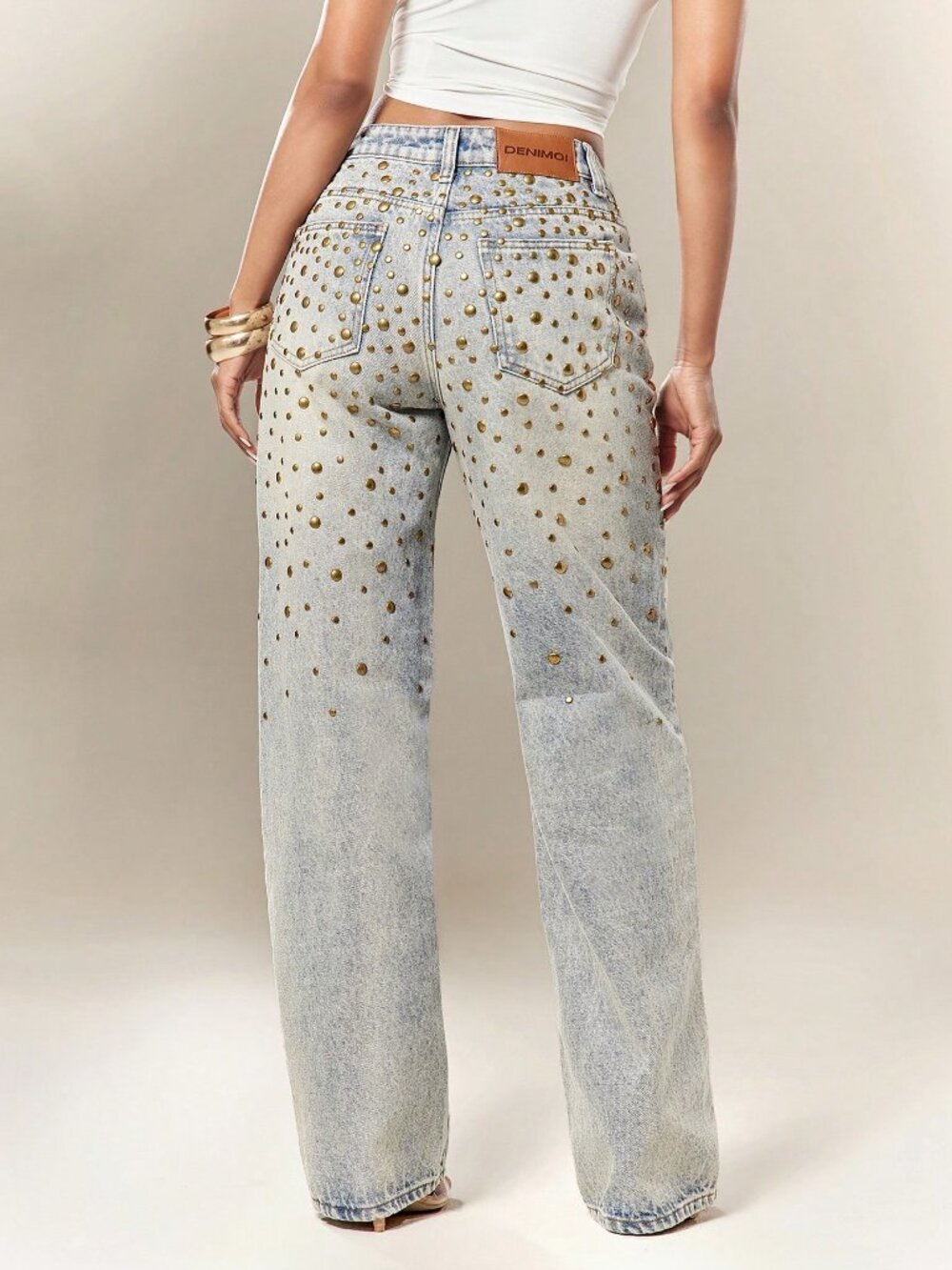 Medium Wash Casual Women's Studded Low Waist Zipper Fly Loose Straight Leg Jeans - Picture 4 of 5